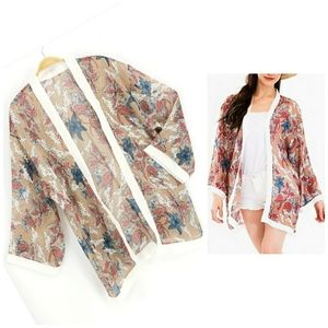 NEW Tropical Floral Sheer Kimono Cover Up in Tan